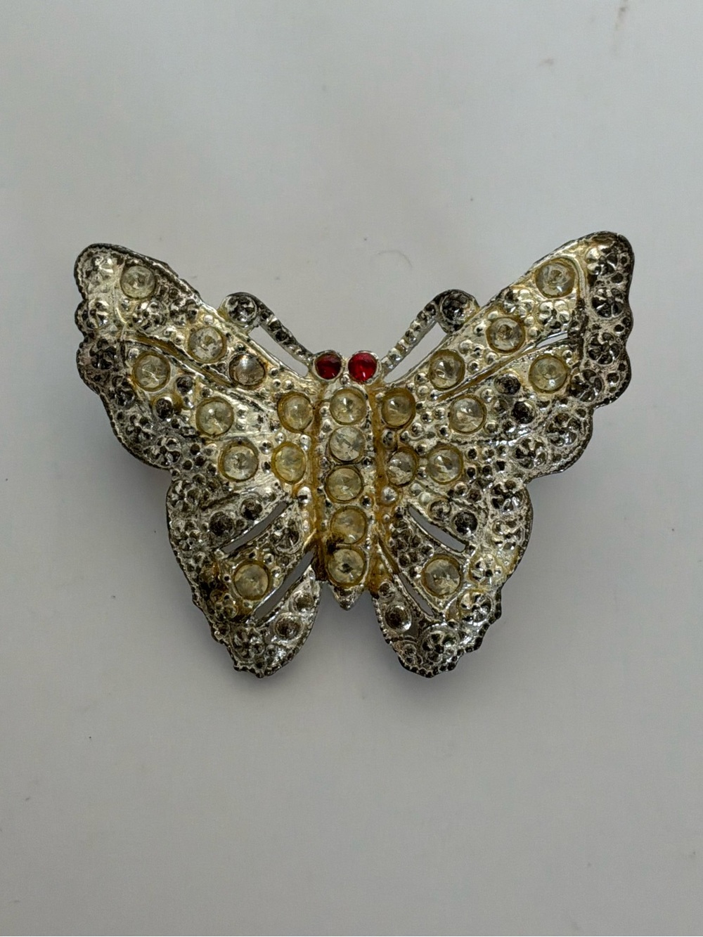 Vintage Rhinestone Butterfly Brooch Silver Tone Red Eyes Costume Jewelry